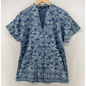LANDS END Tunic Womens S 6 8 Chambray Floral Blouse Split Neck Short Sleeve Blue
